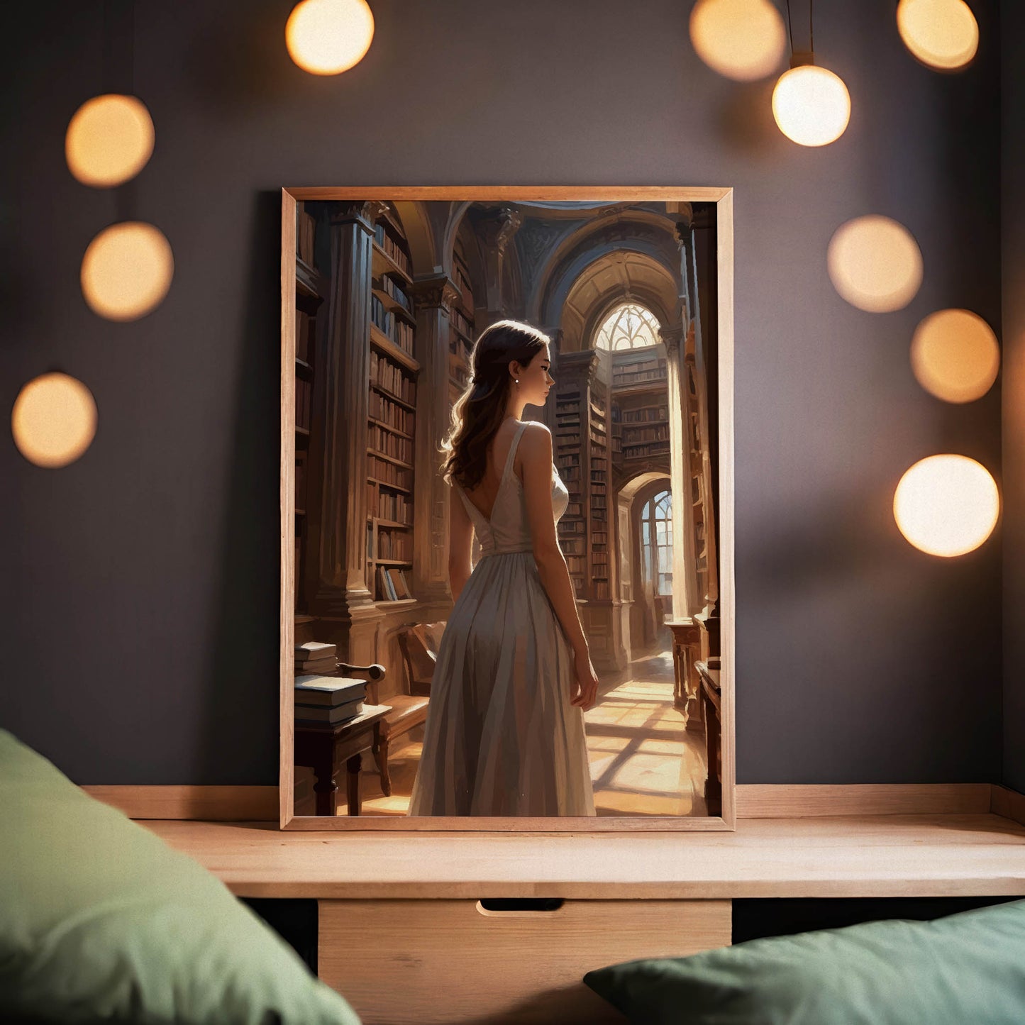 Atmospheric book-filled interior with a woman in a white gown surrounded by grand library arches and golden light