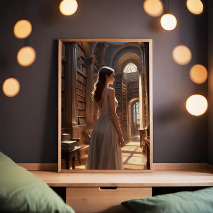 Atmospheric book-filled interior with a woman in a white gown surrounded by grand library arches and golden light