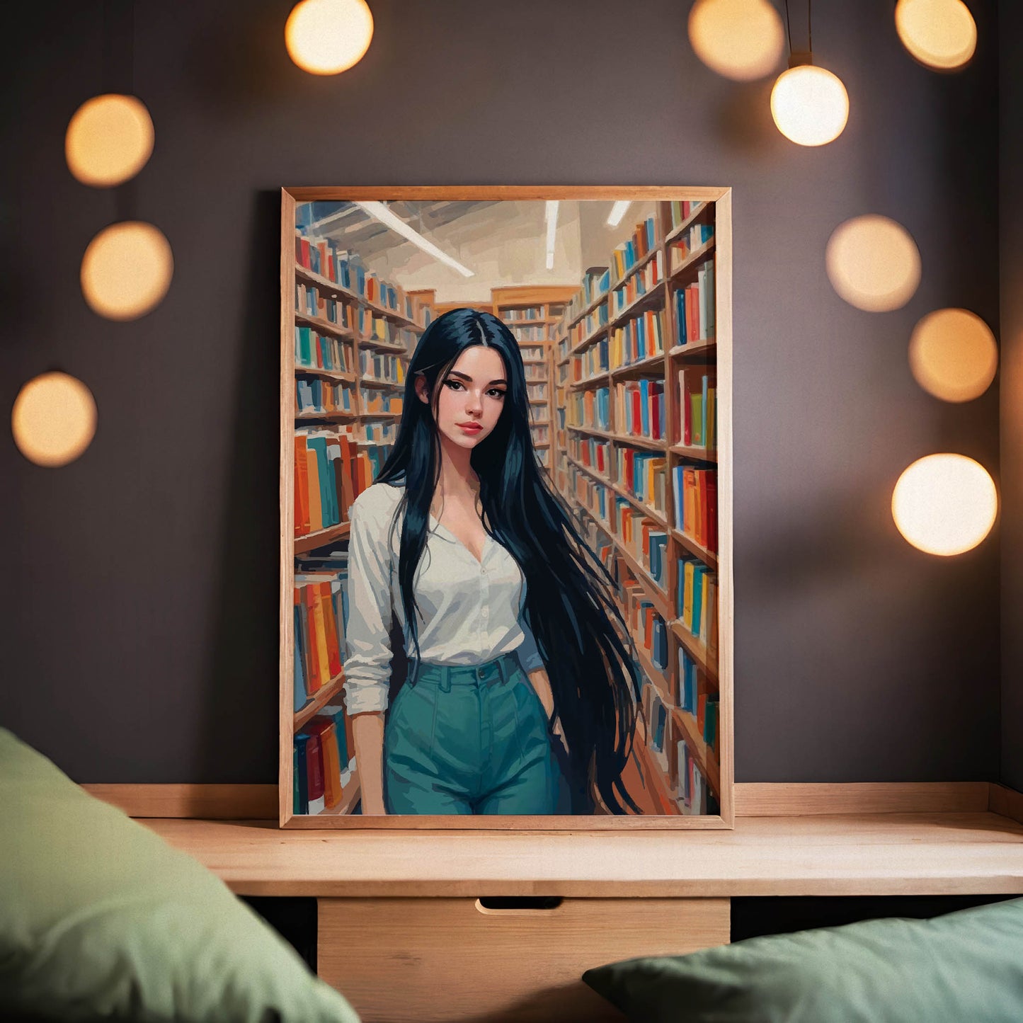 Aesthetic library scene with a stylish woman standing among tall bookshelves in a warm, book-filled interior
