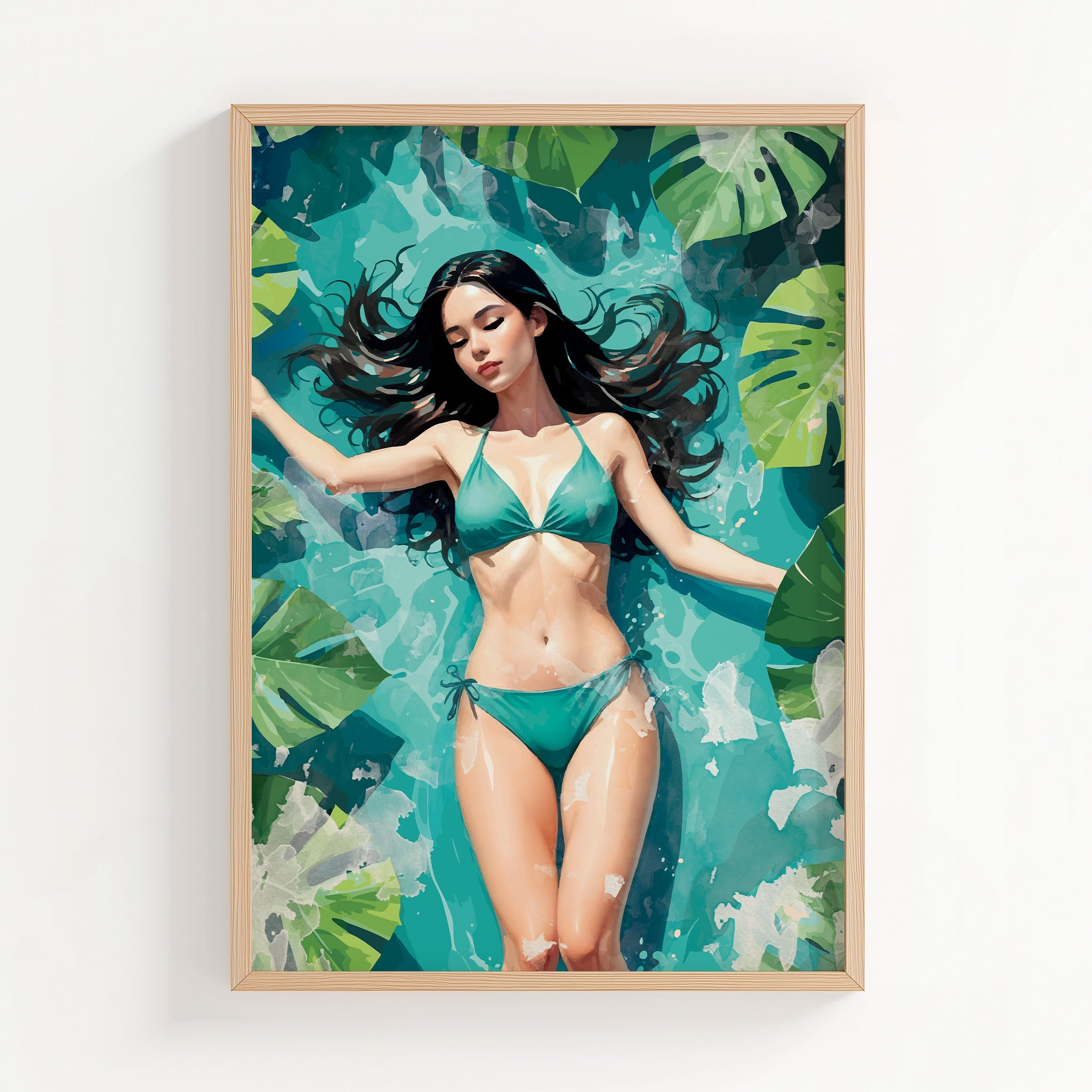 Serene illustration of a woman in a turquoise bikini floating peacefully in clear blue water surrounded by lush green tropical leaves. Her eyes are closed, and her long dark hair flows gently around her, creating a calm, summery, and tranquil atmosphere.