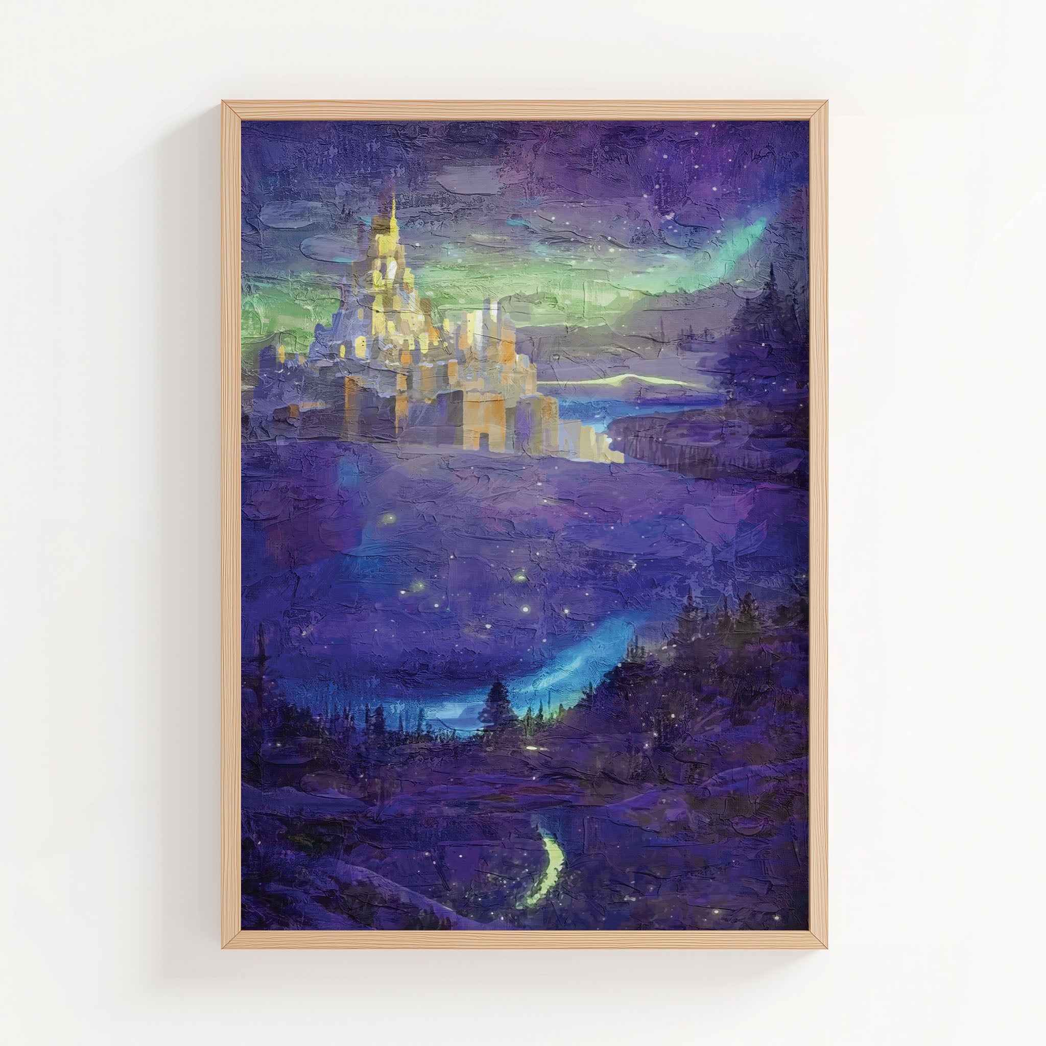 Fantasy castle wall art featuring a glowing golden fortress set against a mystical night sky with northern lights, surrounded by enchanted forests and illuminated by sparkling stars and a dreamy purple landscape