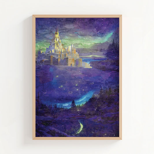 Fantasy castle wall art featuring a glowing golden fortress set against a mystical night sky with northern lights, surrounded by enchanted forests and illuminated by sparkling stars and a dreamy purple landscape