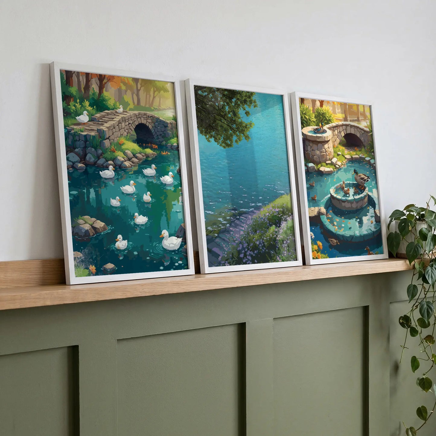 Set of three framed landscape prints displayed on a wooden shelf featuring a duck pond, lake view and garden fountain scene