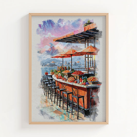 Mediterranean outdoor bar scene with fresh fruit display, orange umbrellas and coastal mountains in a soft painterly style