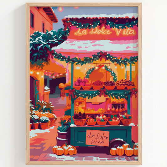 Close-up of a vibrant Italian Christmas scene — a teal market cart with "La Dolce Vita" neon sign, laden with seasonal fruits, candy apples on sticks, pine cones, and orange pumpkins at the base, framed by pine garland and string lights on a coral Mediterranean street