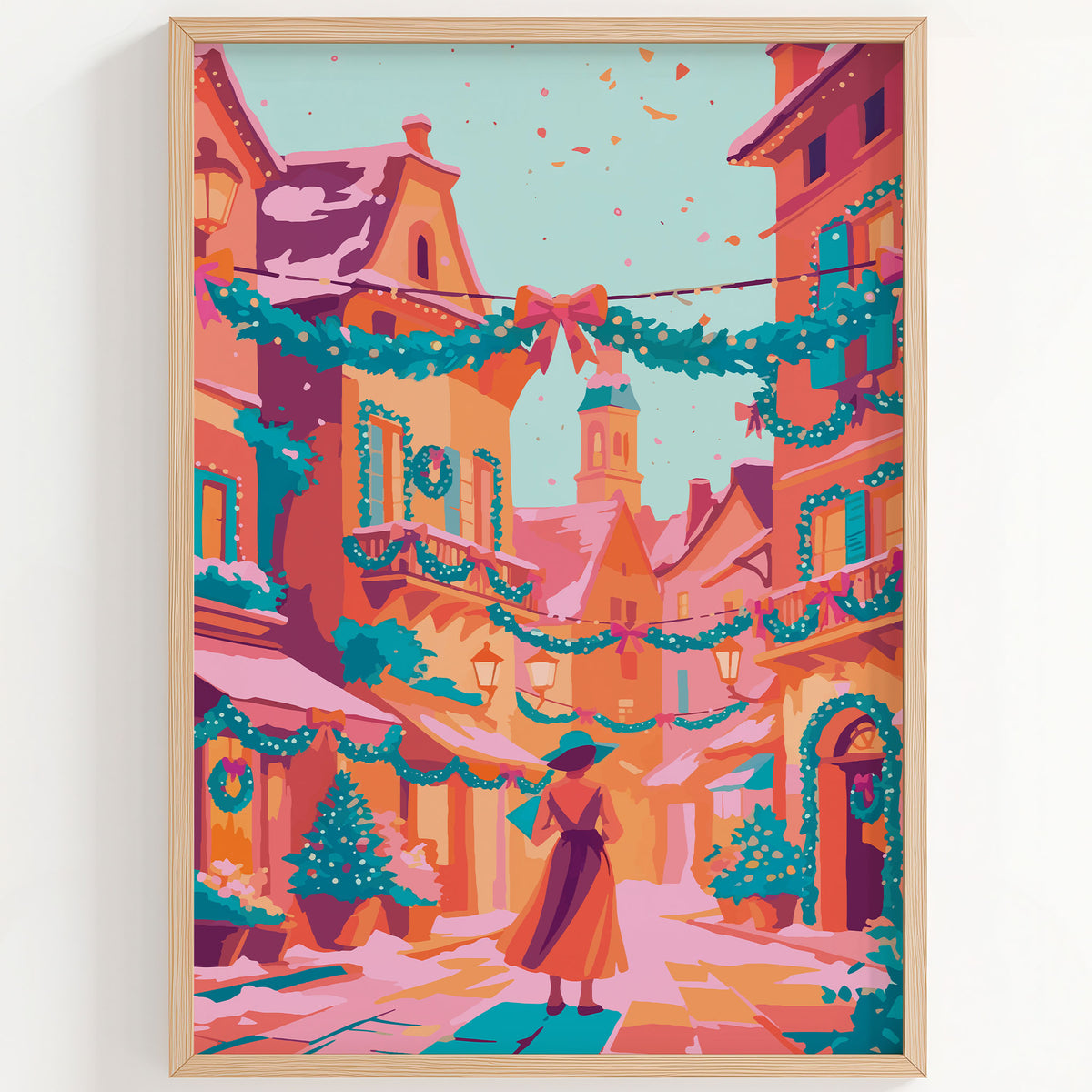 Living room or entryway wall art showing a decorated holiday street with balconies, lanterns, and a lone figure walking toward a clock tower.