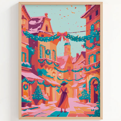 Living room or entryway wall art showing a decorated holiday street with balconies, lanterns, and a lone figure walking toward a clock tower.