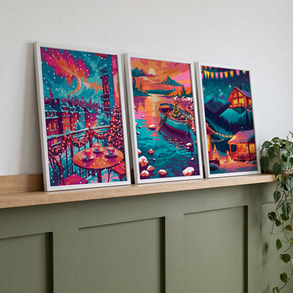 Wall art trio depicting a Christmas balcony scene, a decorated boat on water, and a glowing cabin in the mountains