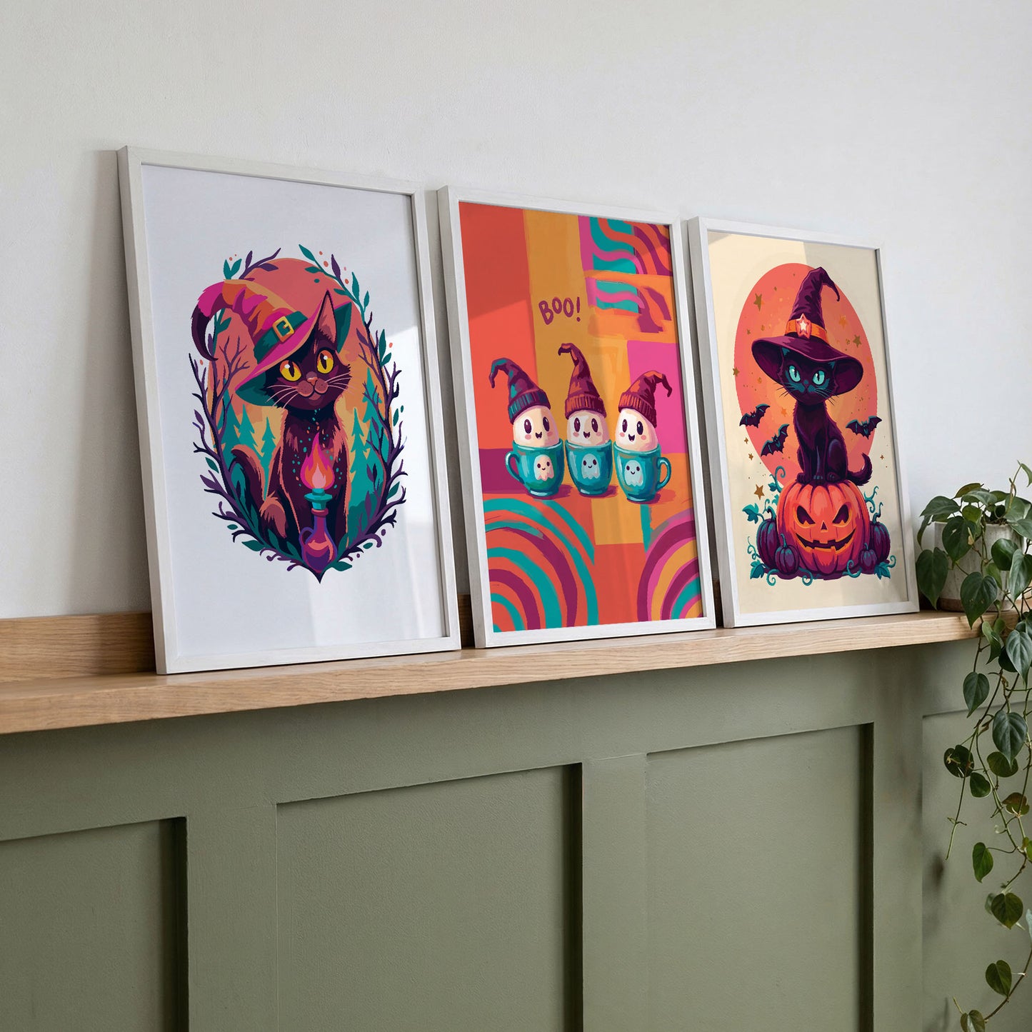 Three SweetPixelCreations Halloween prints propped on a wood ledge against sage wainscoting - two witch cat prints in different styles flanking a kawaii ghost teacup trio, united by a rich jewel-toned teal, orange, and plum palette