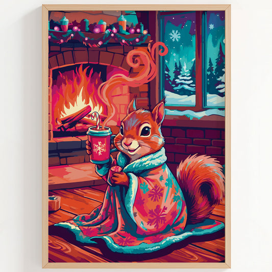 Close-up of a whimsical winter animal print — a wide-eyed red squirrel with a voluminous orange tail cosies up by a festive fireplace in a teal snowflake-patterned blanket, with a candy cane hot drink and a teal snowy window scene behind