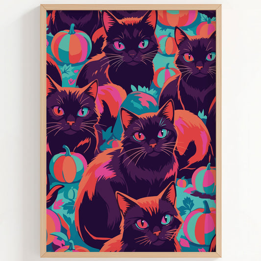 Bold illustrated Halloween wall art with a dense all-over pattern of black cats with magenta and teal eyes, surrounded by striped orange and teal pumpkins on a deep purple background