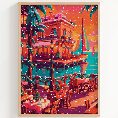 Close-up of a vibrant coastal Christmas landscape — outdoor café tables set with red mugs beside a snowy teal harbour, palm trees wrapped in fairy lights, garland-swathed lampposts, and a teal and magenta sailboat on turquoise water with white snowflakes falling