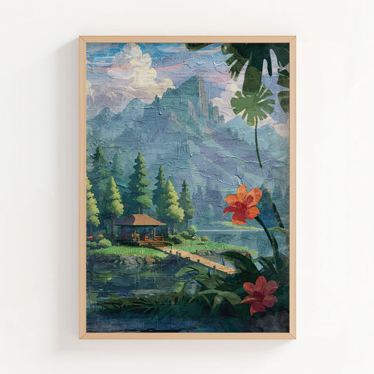 Tropical forest-themed printable wall art featuring a peaceful wooden cabin by a lake, surrounded by pine trees and distant misty mountains, with large tropical leaves and vibrant red-orange flowers in the foreground - perfect for nature lovers, retreat-inspired, or jungle-style decor