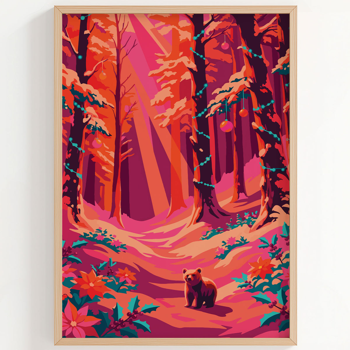Close-up of a vibrant Christmas woodland scene — a small brown bear stands amid teal holly and poinsettia botanicals in a richly saturated forest of deep magenta, orange, and coral trees with teal fairy light strings and hanging ornaments