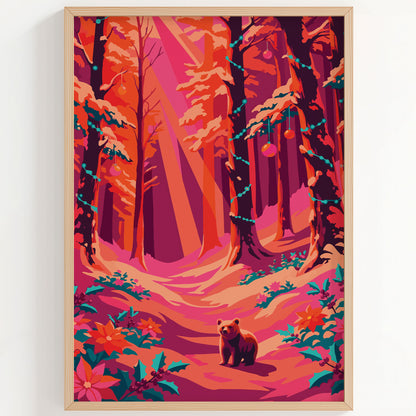 Close-up of a vibrant Christmas woodland scene — a small brown bear stands amid teal holly and poinsettia botanicals in a richly saturated forest of deep magenta, orange, and coral trees with teal fairy light strings and hanging ornaments