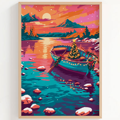 Living room or cabin wall art showing a decorated rowboat with a Christmas tree on a calm mountain lake at golden hour.