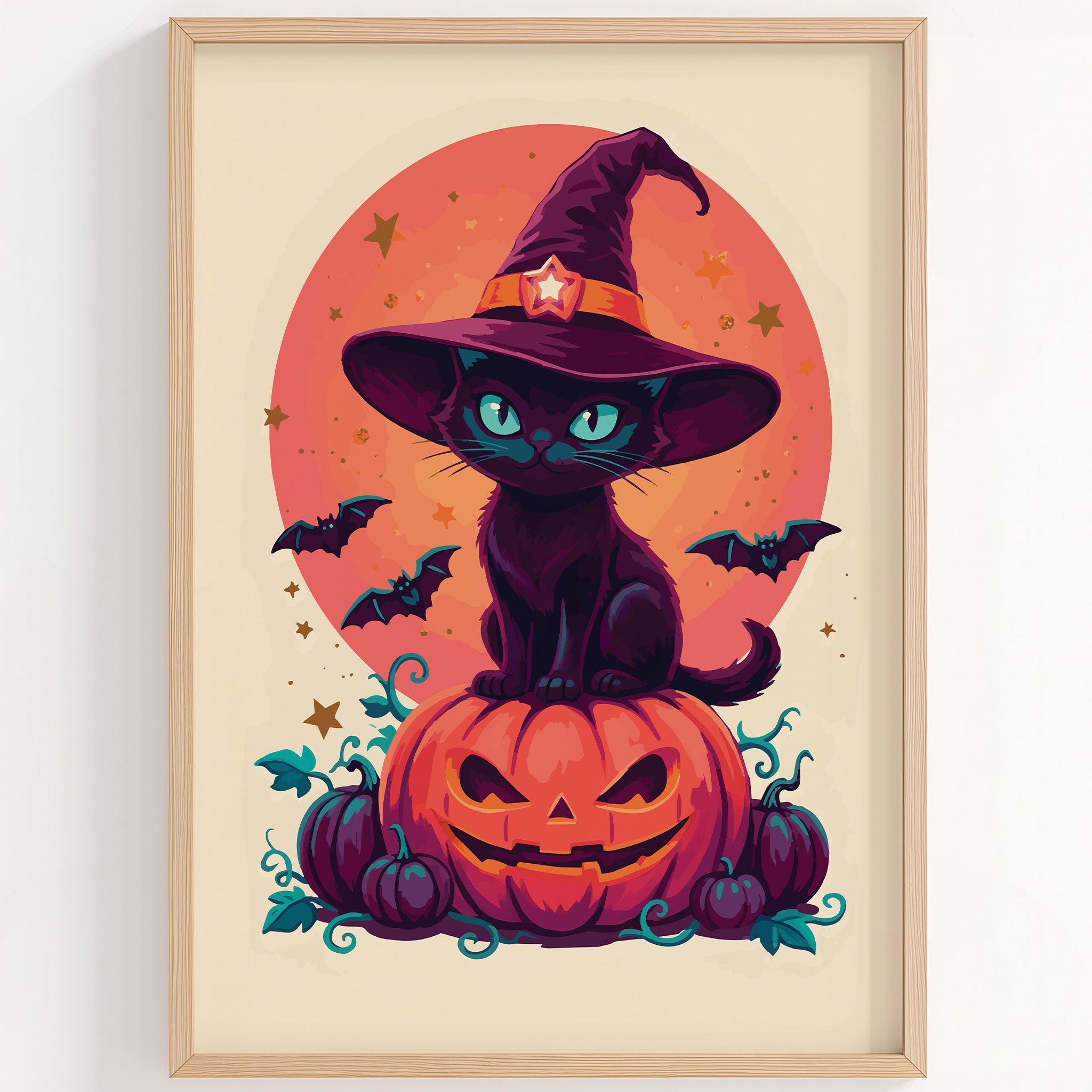 Bold illustrated Halloween wall art on cream - a black witch cat with piercing teal eyes wearing a purple witch hat, perched on a glowing jack-o-lantern with teal vine tendrils, dark bats, and scattered gold stars against a warm orange moon disc