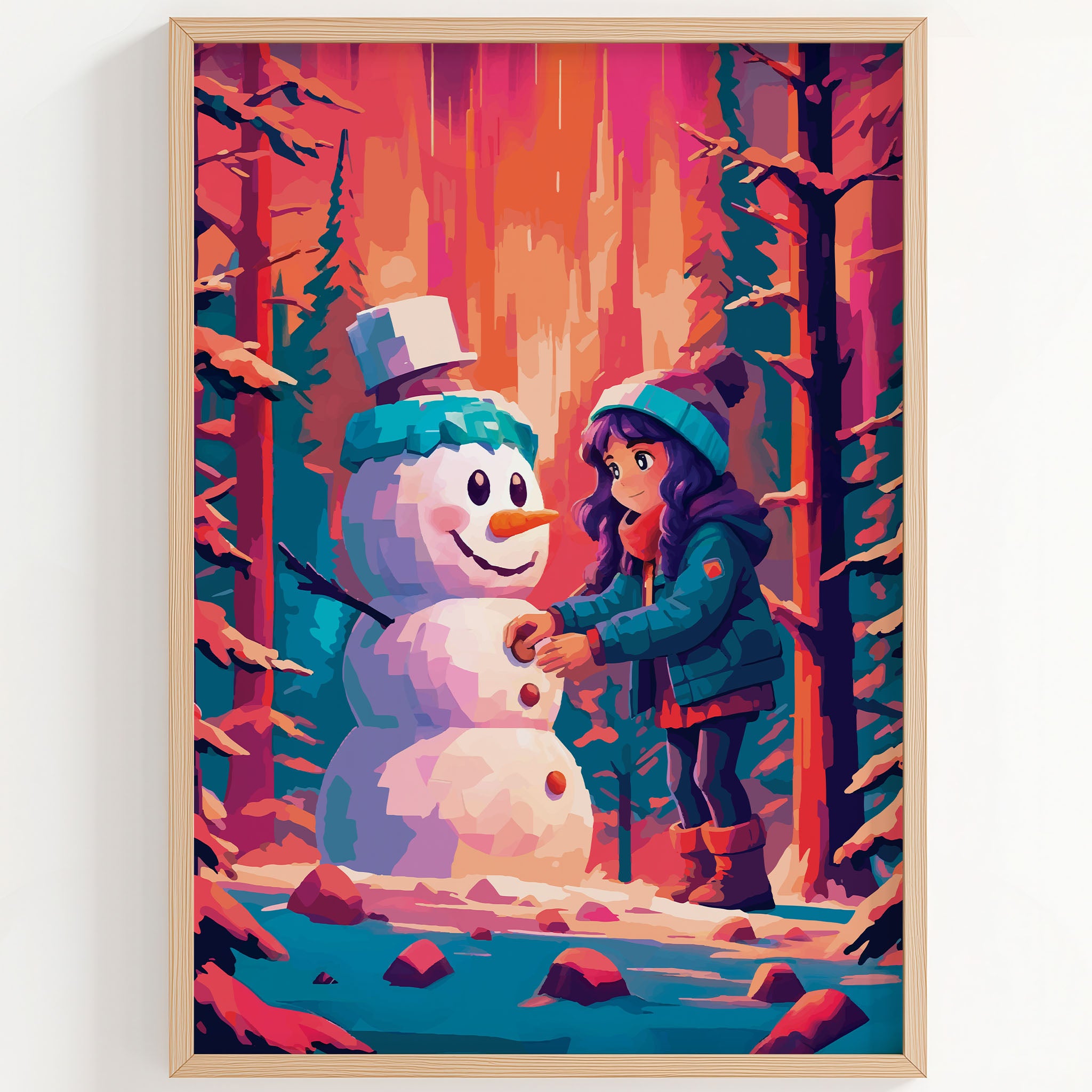 Close-up of a vibrant holiday character print — a dark-haired girl in a teal quilted jacket and matching beanie stands alongside a cheerful teal snowman with button details on a teal snow ground, framed by a dramatic warm orange winter forest