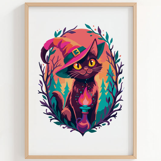 Bold illustrated Halloween wall art on white - a dark witchy cat wearing a hot pink witch hat with a teal buckle, holding a glowing magenta candle potion bottle, framed by teal forest trees and purple botanical branches