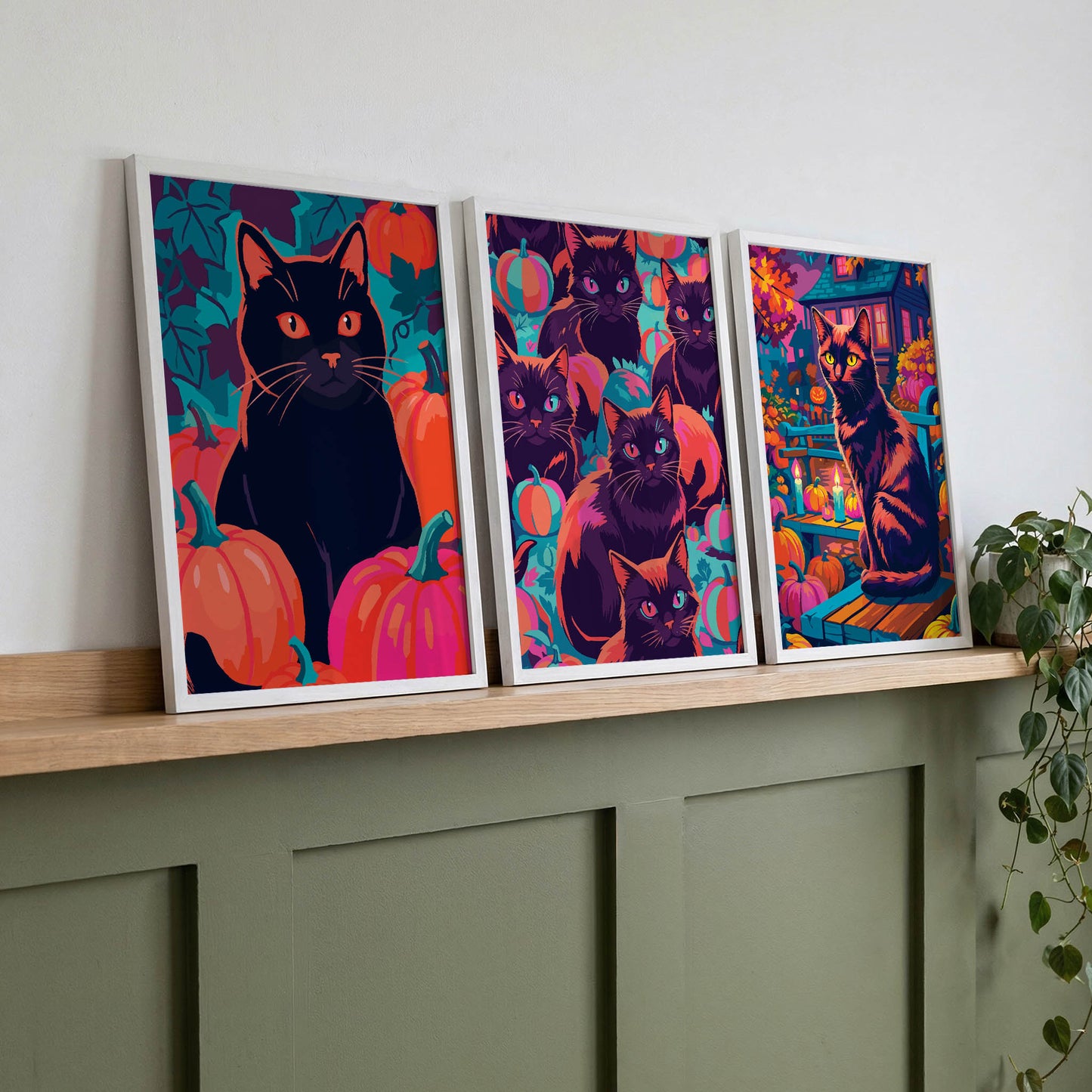 Three SweetPixelCreations Halloween cat prints propped on a wood ledge against sage wainscoting - portrait, pattern, and scene compositions united by a rich jewel-toned palette of teal, orange, magenta, and deep purple