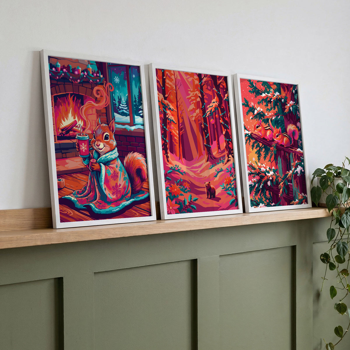 Three SweetPixelCreations Christmas wildlife prints propped on a wood ledge against sage wainscoting — a character scene, a vast forest landscape, and a close-up nature study united by a bold warm palette of magenta, orange, coral, and teal