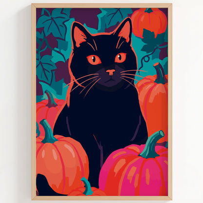 Bold illustrated Halloween wall art featuring a sleek black cat with glowing orange-red eyes seated among orange and hot pink pumpkins, with teal pumpkin vine leaves on a deep teal and plum background