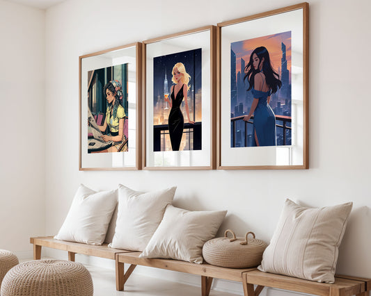 Set of three stylish digital art prints featuring elegant women in modern, cinematic scenes - perfect printable wall art bundle for chic, contemporary home or gallery-style decor