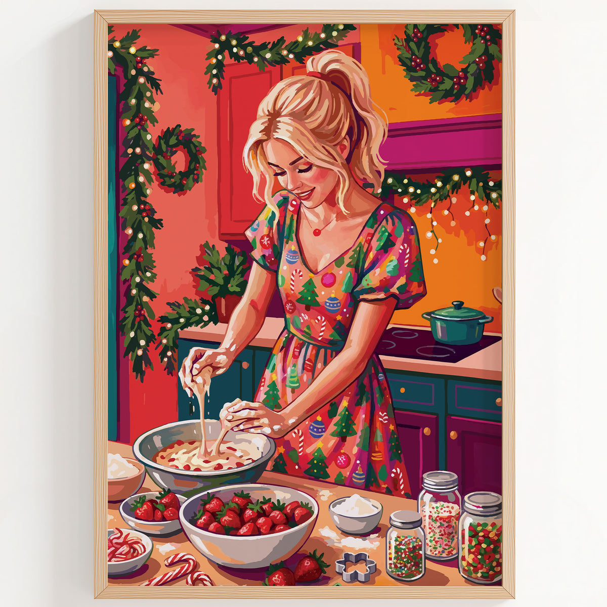 Close-up of a vibrant Christmas baking scene — a blonde woman with floury hands works dough in a bowl, with strawberry and sprinkle jars on the counter, teal lower cabinets, and a fully garlanded kitchen interior in warm orange, coral, and deep green