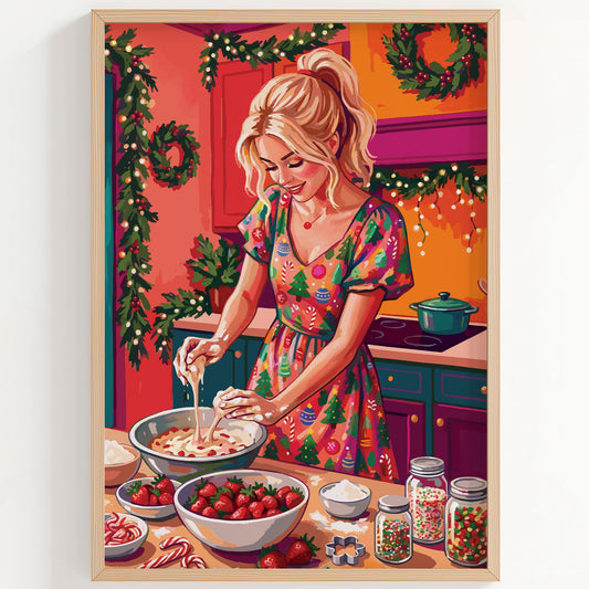 Close-up of a vibrant Christmas baking scene — a blonde woman with floury hands works dough in a bowl, with strawberry and sprinkle jars on the counter, teal lower cabinets, and a fully garlanded kitchen interior in warm orange, coral, and deep green