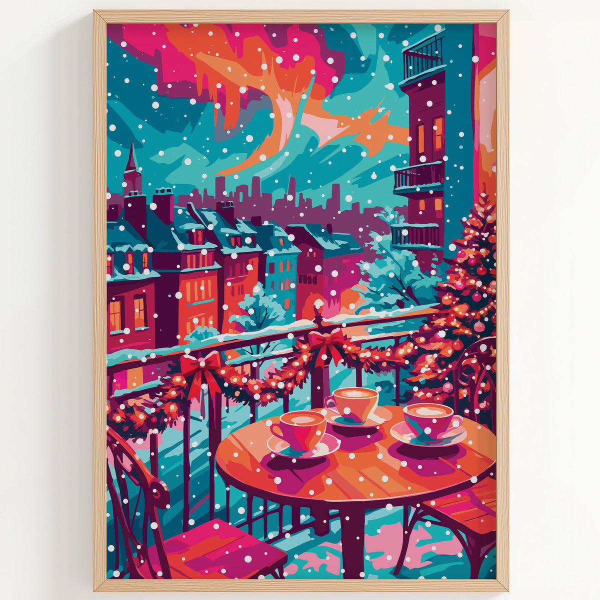 Kitchen or café-style wall art showing a snowy rooftop skyline, garland-wrapped railing, and three coffee cups on a balcony table in warm winter light.
