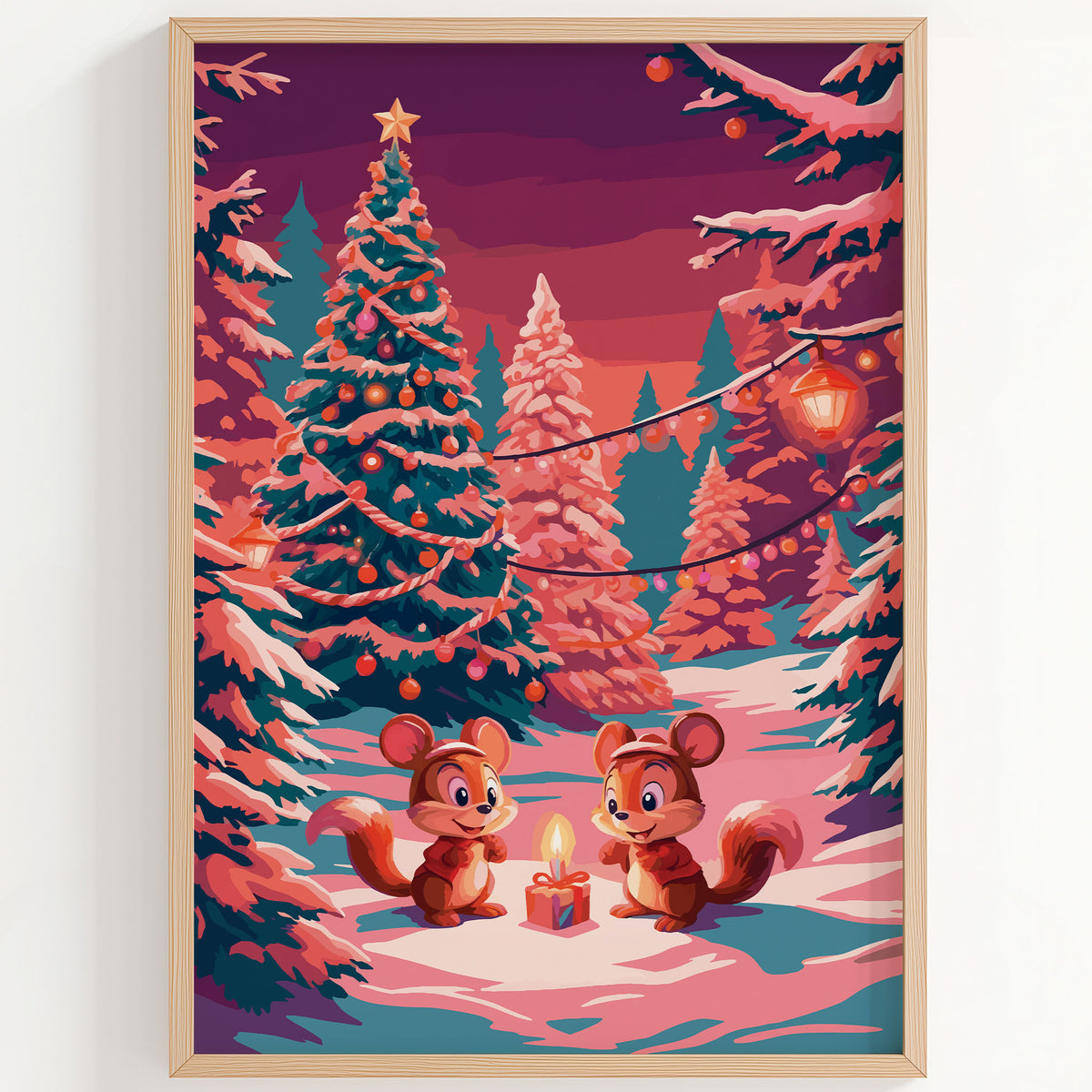 Festive nursery or kids' room print showing a decorated evergreen tree, twinkling lights, and two cartoon chipmunks in a magenta and teal snowy woodland.