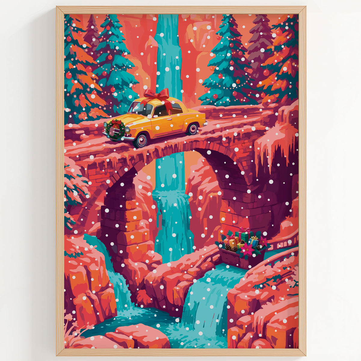 Living room or entryway wall art showing a gift-wrapped yellow car crossing a bridge over teal falls, framed by coral cliffs and evergreens.