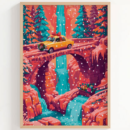 Living room or entryway wall art showing a gift-wrapped yellow car crossing a bridge over teal falls, framed by coral cliffs and evergreens.