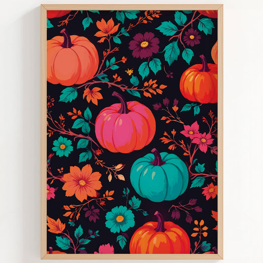 Bold illustrated pumpkin wall art with orange, hot pink, and teal pumpkins scattered across a dark background with teal and orange floral botanical vines