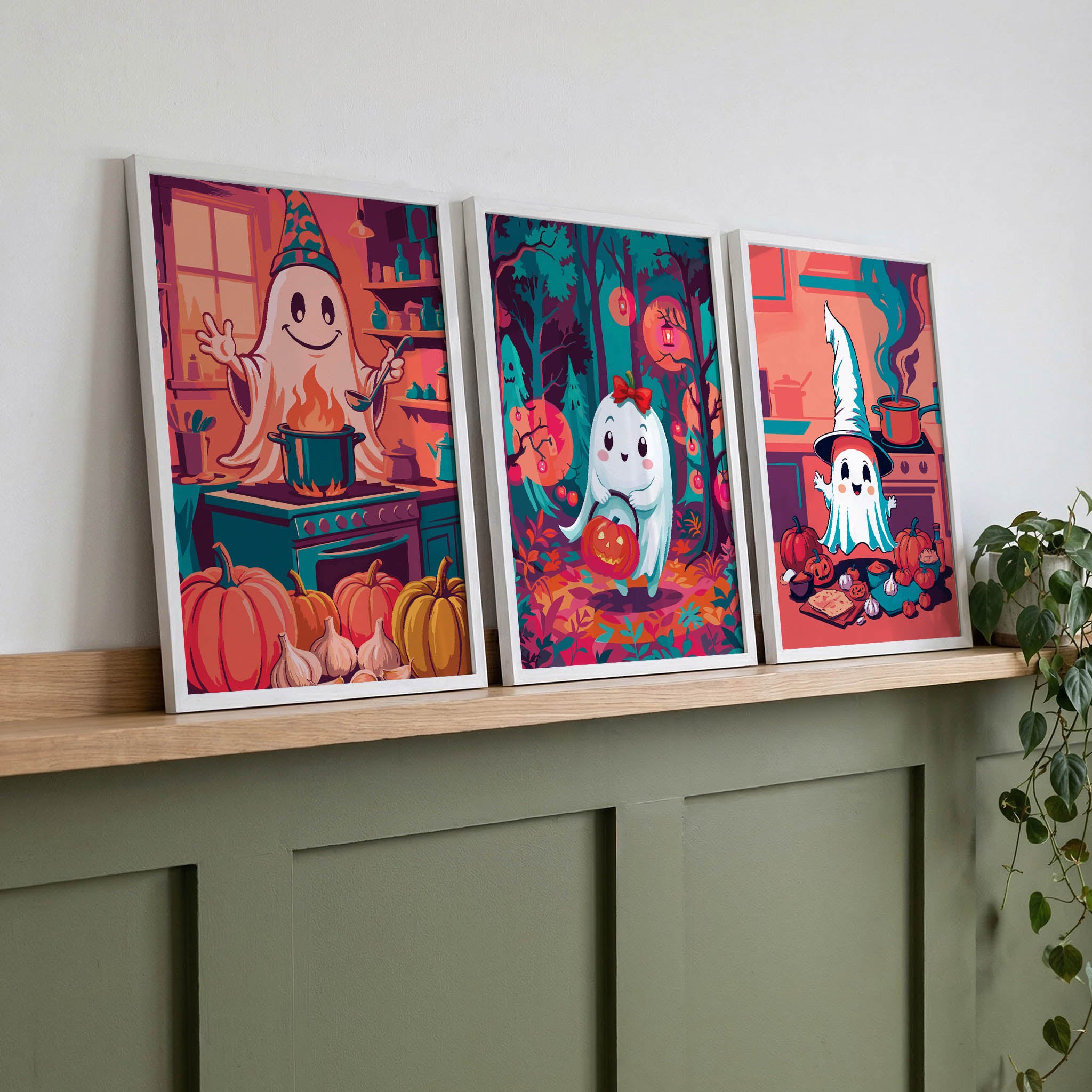 Three SweetPixelCreations ghost character prints propped on a wood ledge against sage wainscoting - two kitchen cooking scenes and one enchanted woodland scene united by a warm coral, teal, and orange dopamine palette