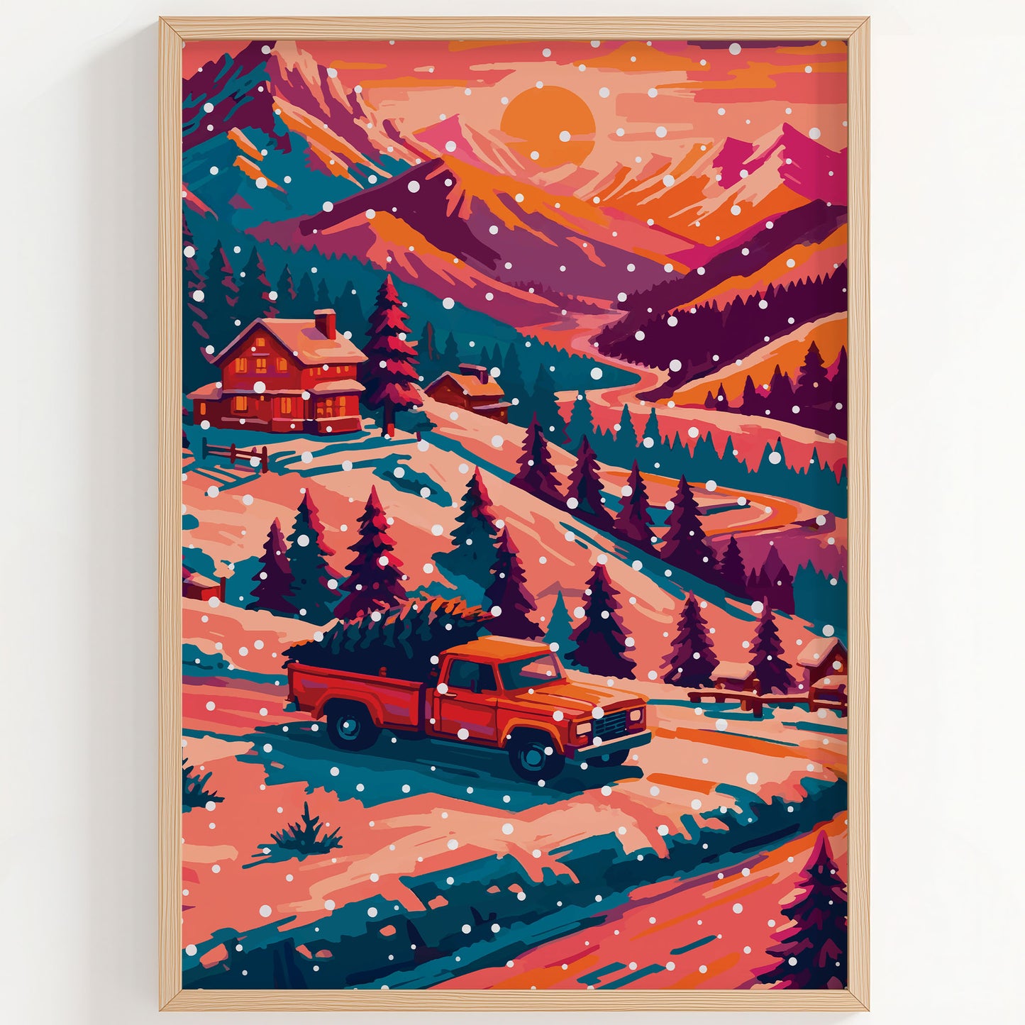 Close-up of a vibrant Christmas countryside print - a classic red truck on a snowy valley road, with glowing cabin windows, layered teal and plum pine forests, winding river, and bold orange and pink mountain peaks under a large winter sun