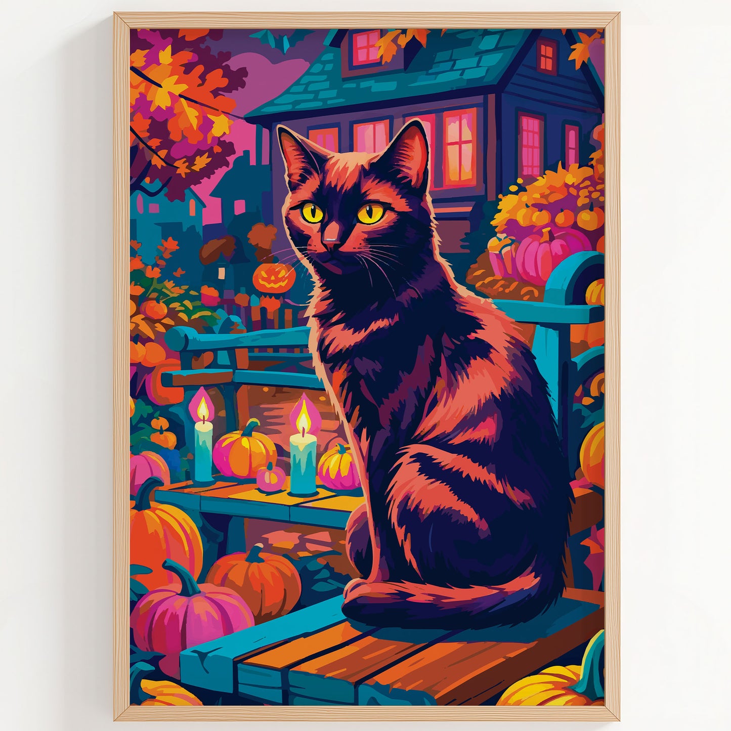 Close-up of a vibrant Halloween cat portrait in a full scene - yellow-eyed black cat on a teal bench with pink and orange harvest pumpkins, glowing teal candles, a neighbourhood jack-o-lantern, and purple autumn sky behind a decorated haunted house