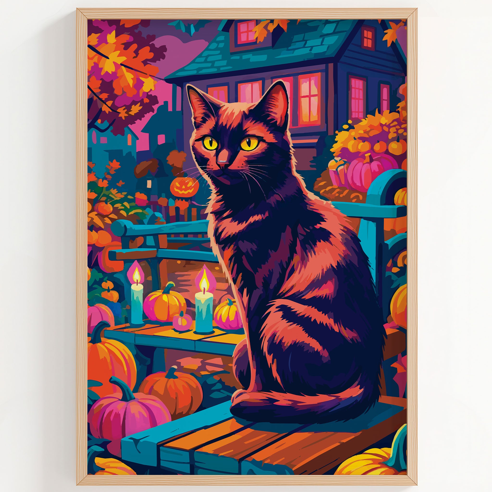 Close-up of a vibrant Halloween cat portrait in a full scene - yellow-eyed black cat on a teal bench with pink and orange harvest pumpkins, glowing teal candles, a neighbourhood jack-o-lantern, and purple autumn sky behind a decorated haunted house