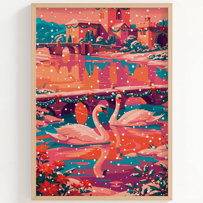 Living room or bedroom wall art showing two swans drifting past a wreath-and-garland bridge in falling snow.