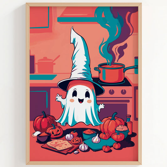 Close-up of a playful Halloween cooking illustration - a smiling ghost with blushed cheeks in a white witch hat stands among scattered pumpkins, garlic, and kitchen ingredients on a warm coral ground with a bubbling pot and swirling teal vapour