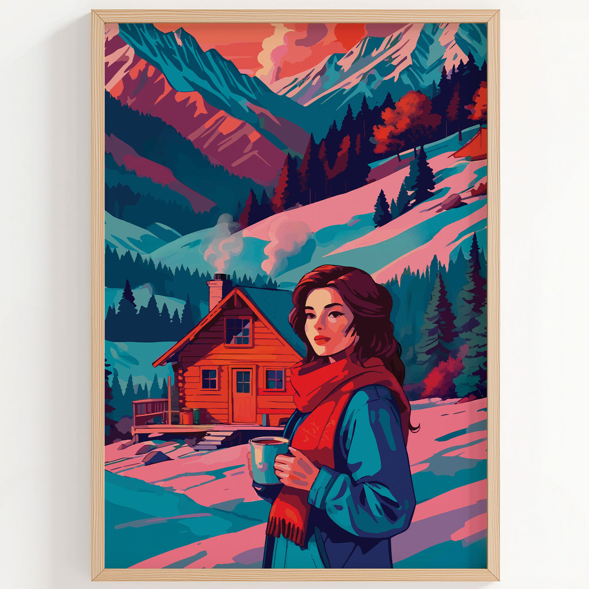 Close-up of a cinematic winter scene print — a serene dark-haired woman in a teal coat and bold red scarf holds a steaming cup outdoors, with a rustic orange log cabin, teal snowscape, and dramatic pink and mauve mountain skyline behind her