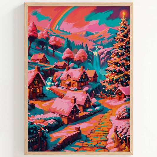Close-up of a magical Christmas scene print — an oversized glowing Christmas tree with teal and gold ornaments dominates a fantasy winter village of warm-windowed cottages, teal waterfalls, pink-dusted snow, and a sweeping rainbow across a vivid coral and teal sky