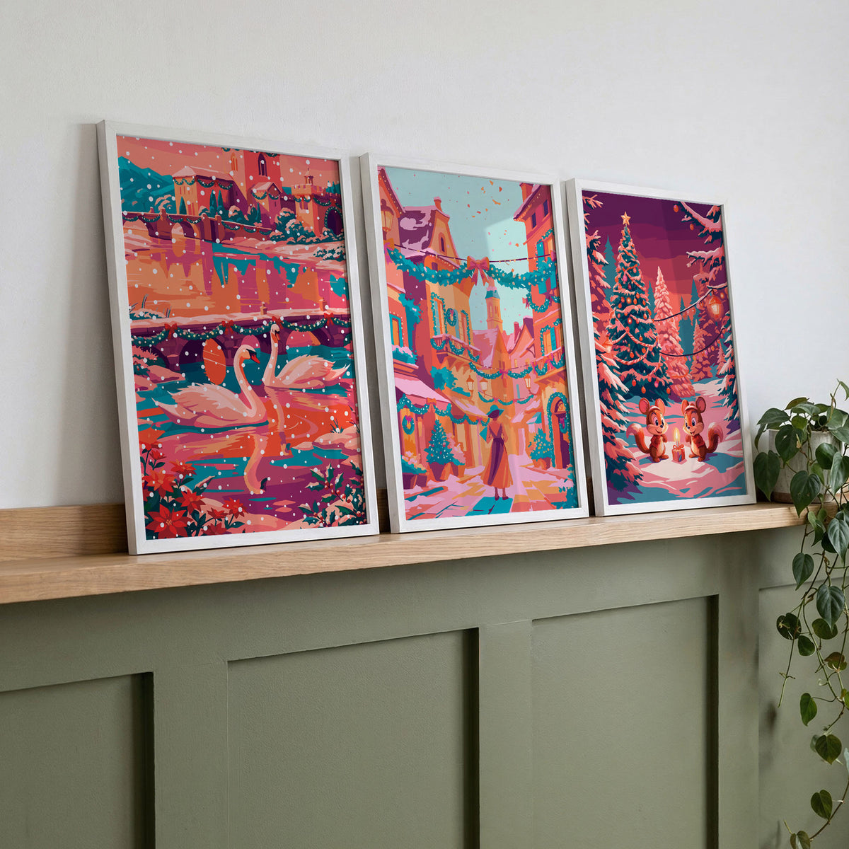 Set of three coral and teal holiday wall art prints displayed on a wooden shelf above a green console