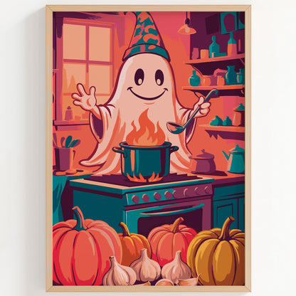 Bold illustrated Halloween kitchen wall art with a cheerful ghost wearing a teal party hat, stirring a bubbling cauldron pot on a teal stove surrounded by pumpkins and garlic in a warm orange witchy kitchen