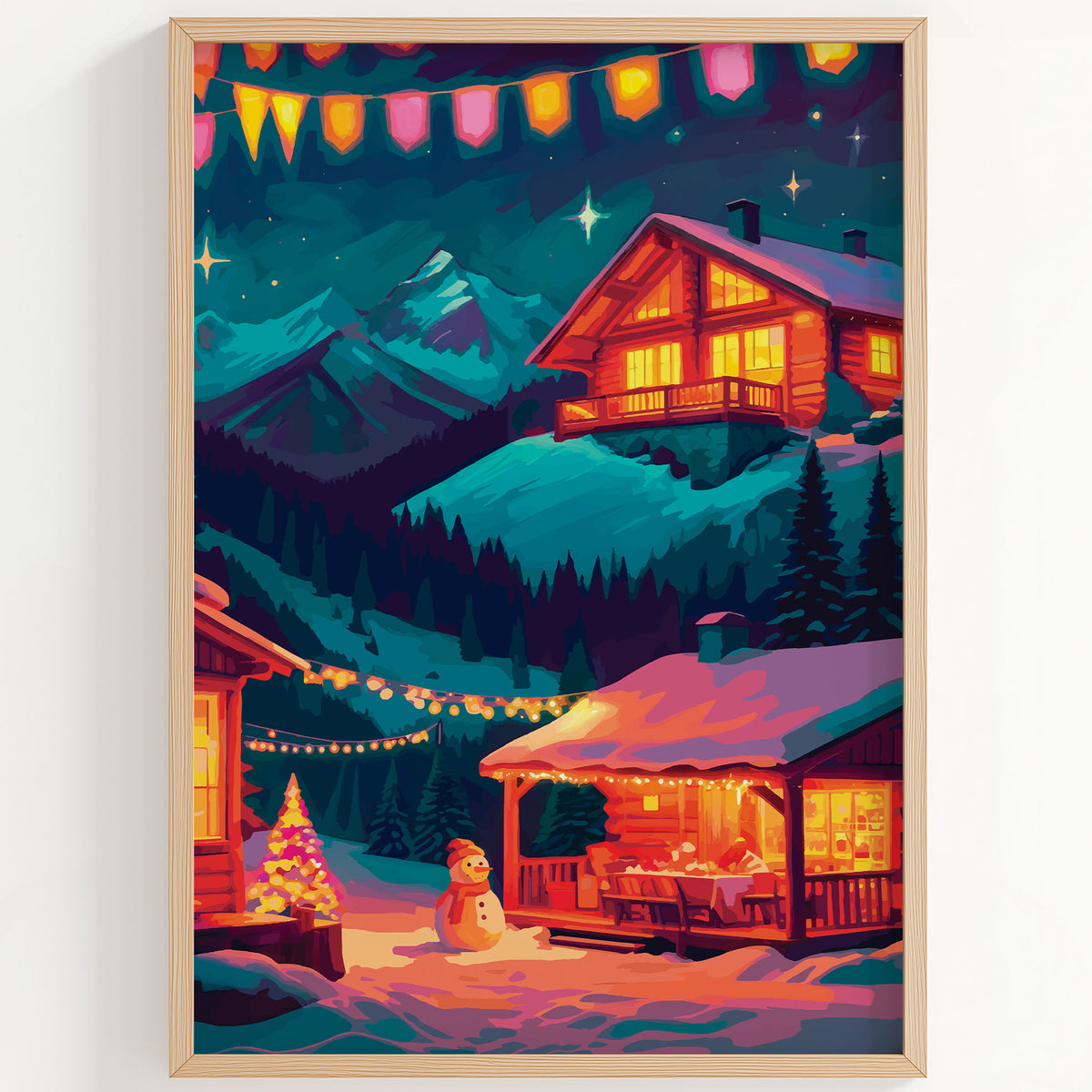Close-up of a vibrant Christmas mountain village print — a cozy illuminated chalet glows against deep teal alpine peaks, with a snowman, decorated Christmas tree, warm porch lights, and a canopy of gold and teal stars under a rich midnight blue sky