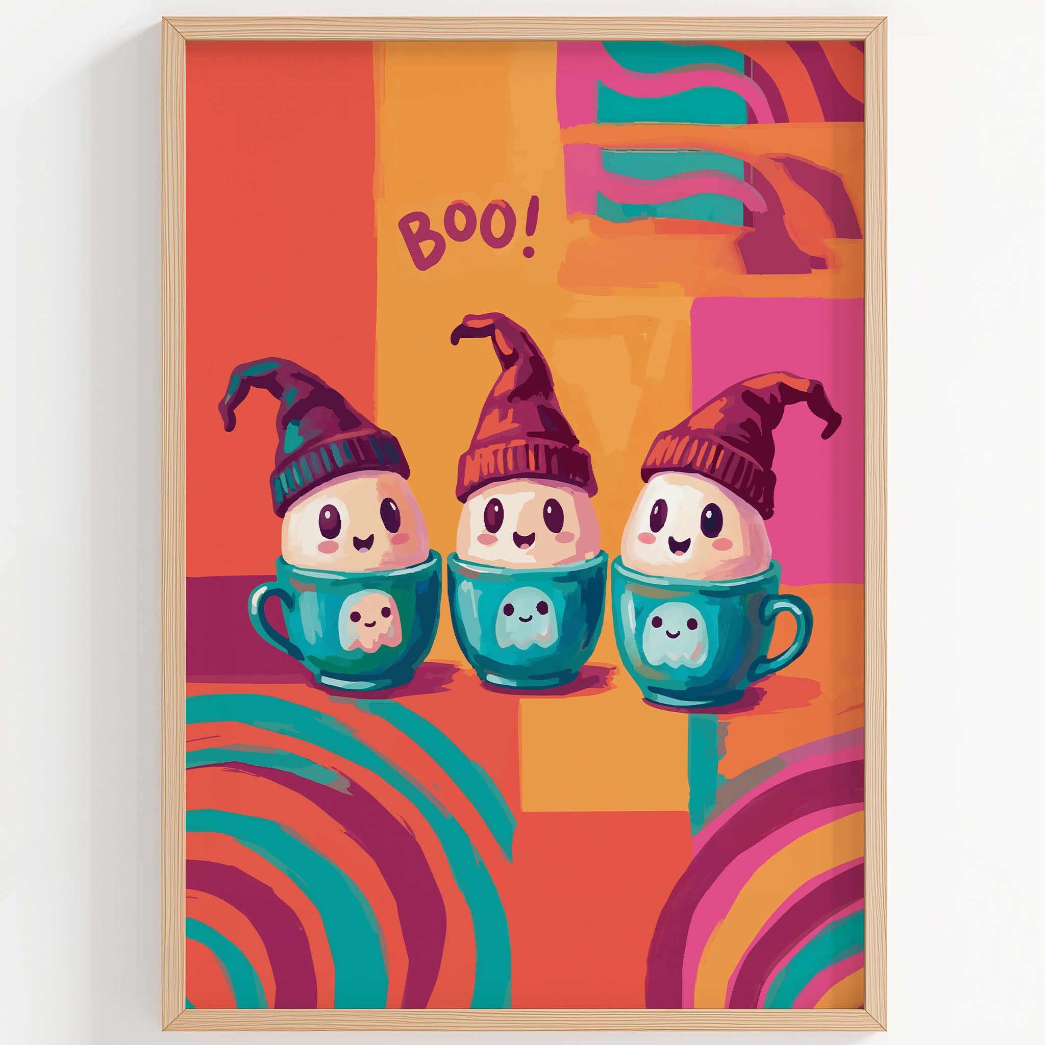 Close-up of a playful Halloween character print - three round smiling ghost figures in purple knit hats sit in teal mugs decorated with tiny ghost illustrations, with "Boo!" hand-lettered in the warm colour-blocked background