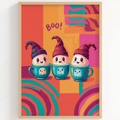 Close-up of a playful Halloween character print - three round smiling ghost figures in purple knit hats sit in teal mugs decorated with tiny ghost illustrations, with "Boo!" hand-lettered in the warm colour-blocked background