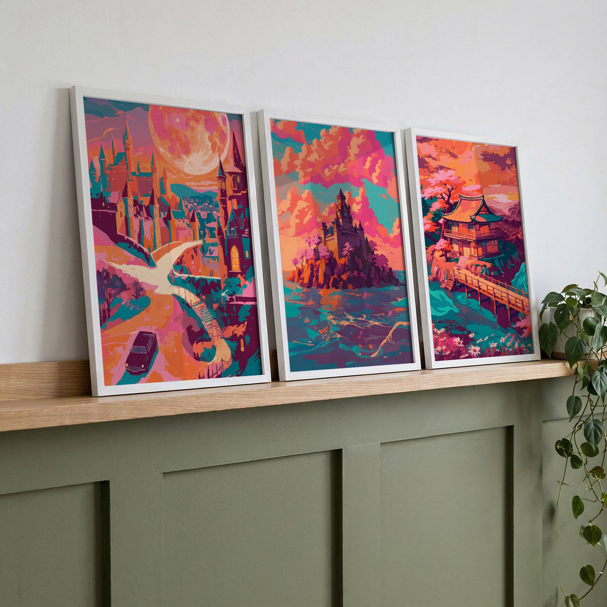 Set of three fantasy-inspired wall art prints in bold coral and teal tones, displayed on a wooden shelf