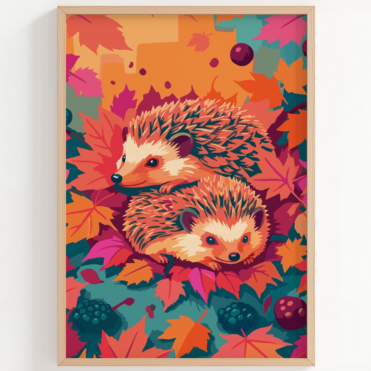 Dopamine-style woodland animal print - a painterly pair of hedgehogs snuggled in a vibrant autumn leaf pile with teal ground cover, blackberries, and scattered plum berries in orange, magenta, and teal