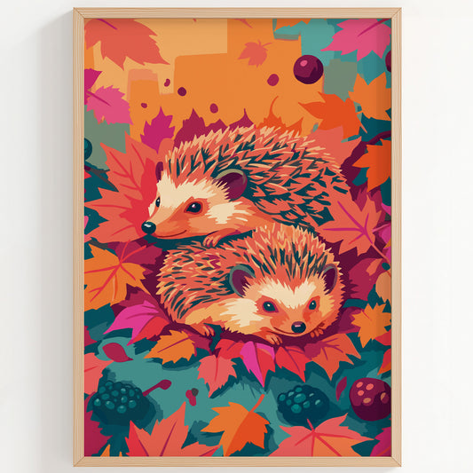 Dopamine-style woodland animal print - a painterly pair of hedgehogs snuggled in a vibrant autumn leaf pile with teal ground cover, blackberries, and scattered plum berries in orange, magenta, and teal